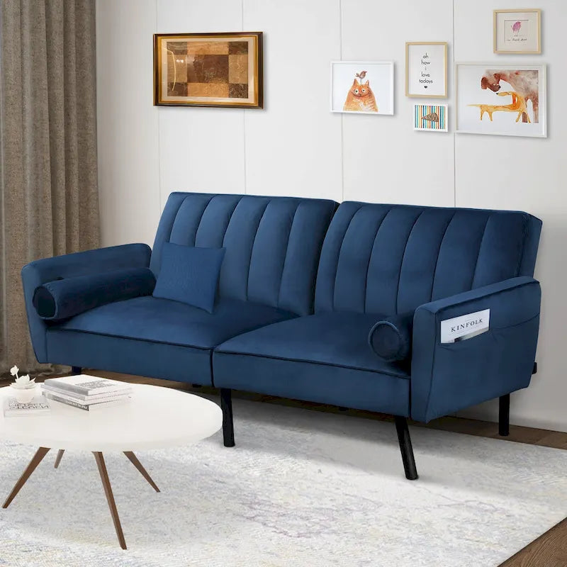 Velvet Futon Sofa Bed Convertible Sofa Couch with Adjustable Backrest, Daybed Guest Bed for Living Room - 2-Person-16