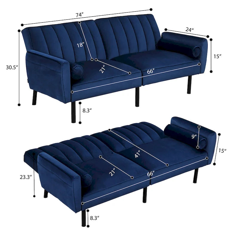 Velvet Futon Sofa Bed Convertible Sofa Couch with Adjustable Backrest, Daybed Guest Bed for Living Room - 2-Person-17