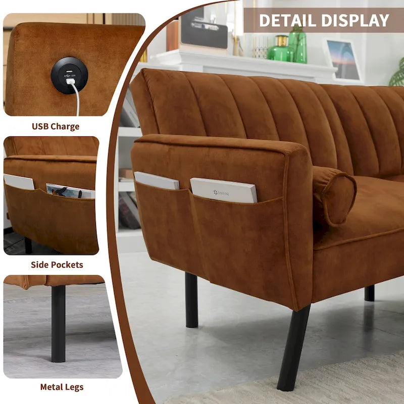 Velvet Futon Sofa Bed Convertible Sofa Couch with Adjustable Backrest, Daybed Guest Bed for Living Room - 2-Person-24