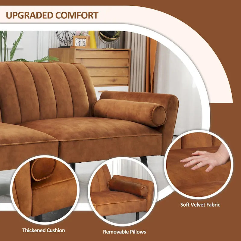 Velvet Futon Sofa Bed Convertible Sofa Couch with Adjustable Backrest, Daybed Guest Bed for Living Room - 2-Person-25