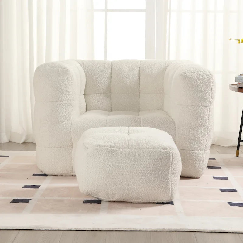 Boucle Upholstered Tufted Modern Single Side Sofa Chair with Ottoman