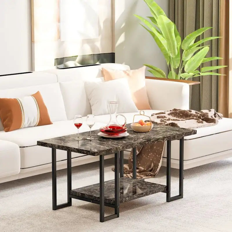 39 Wide 2-Tier Faux Marble Top Coffee Table with Steel Frame-22