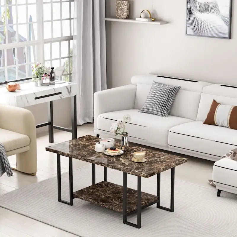 39 Wide 2-Tier Faux Marble Top Coffee Table with Steel Frame