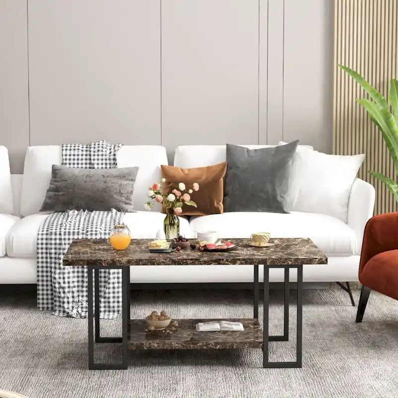 39 Wide 2-Tier Faux Marble Top Coffee Table with Steel Frame-3