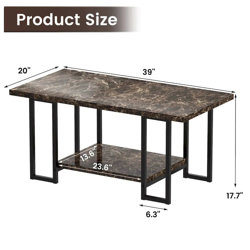 39 Wide 2-Tier Faux Marble Top Coffee Table with Steel Frame-4