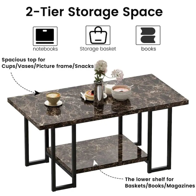 39 Wide 2-Tier Faux Marble Top Coffee Table with Steel Frame-6
