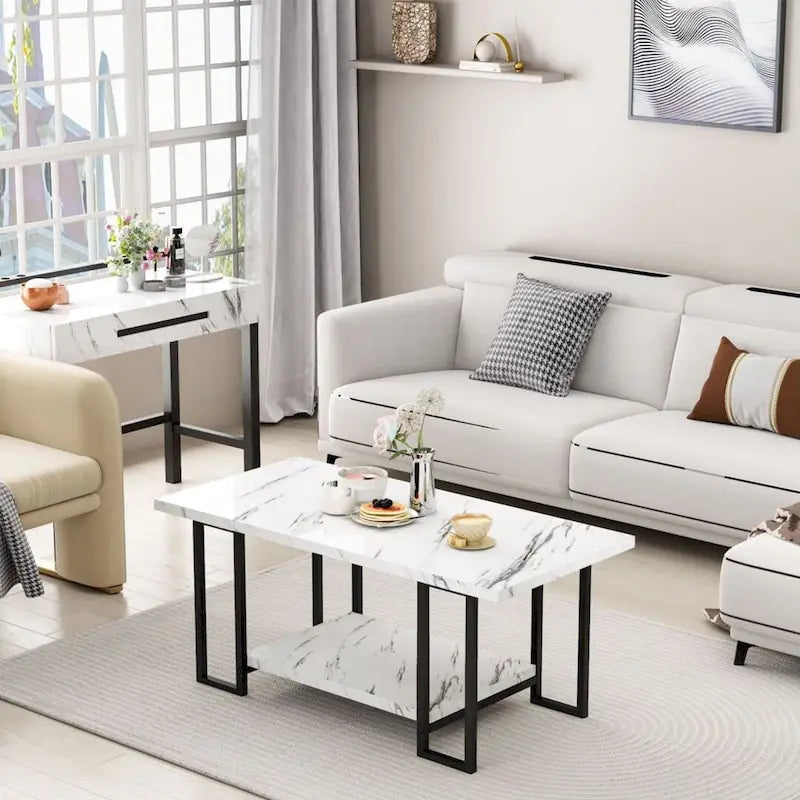 39 Wide 2-Tier Faux Marble Top Coffee Table with Steel Frame-8