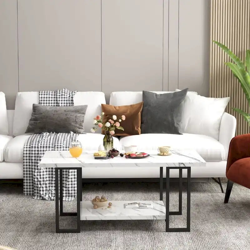 39 Wide 2-Tier Faux Marble Top Coffee Table with Steel Frame-10