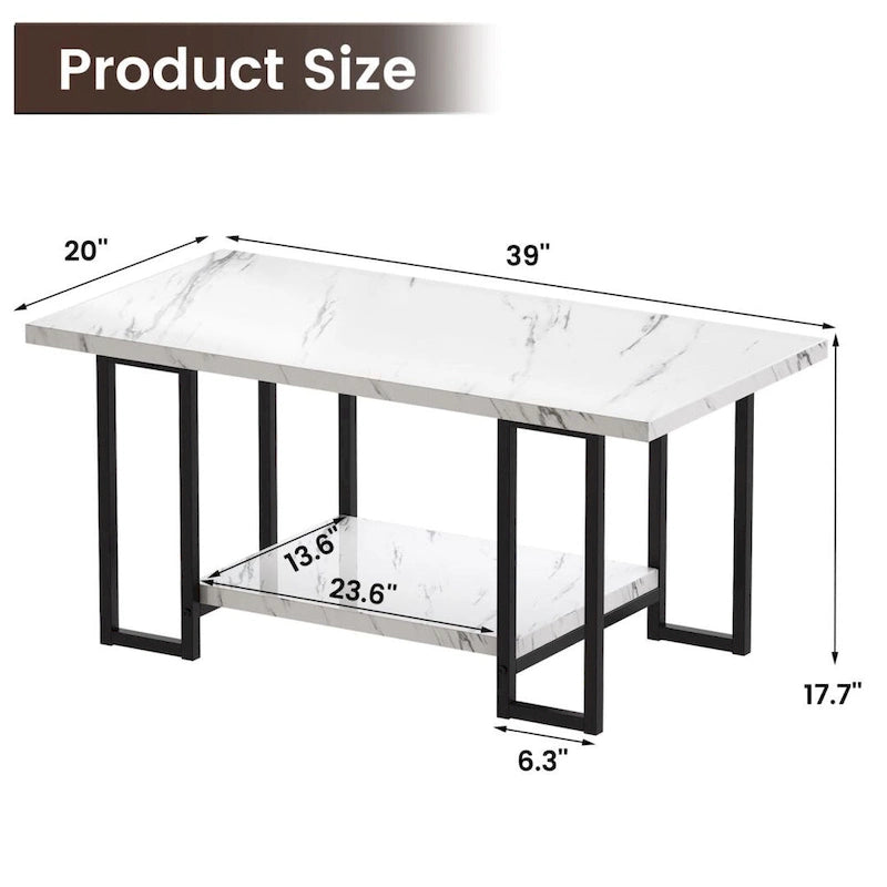 39 Wide 2-Tier Faux Marble Top Coffee Table with Steel Frame-11