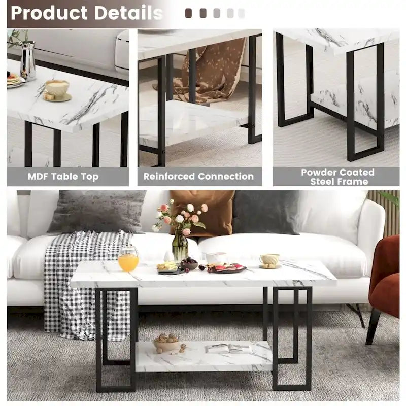 39 Wide 2-Tier Faux Marble Top Coffee Table with Steel Frame-12
