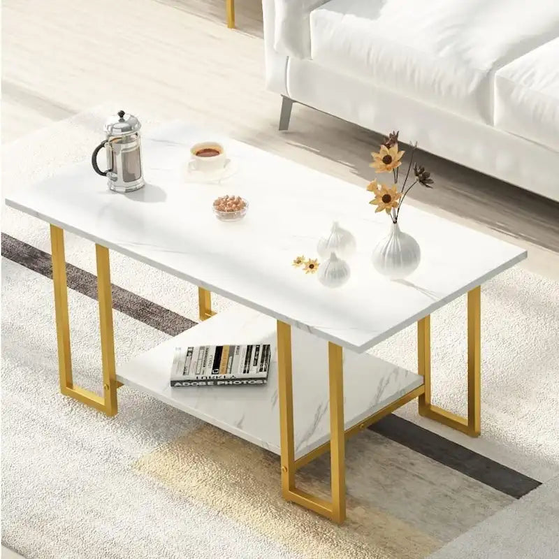 39 Wide 2-Tier Faux Marble Top Coffee Table with Steel Frame-18