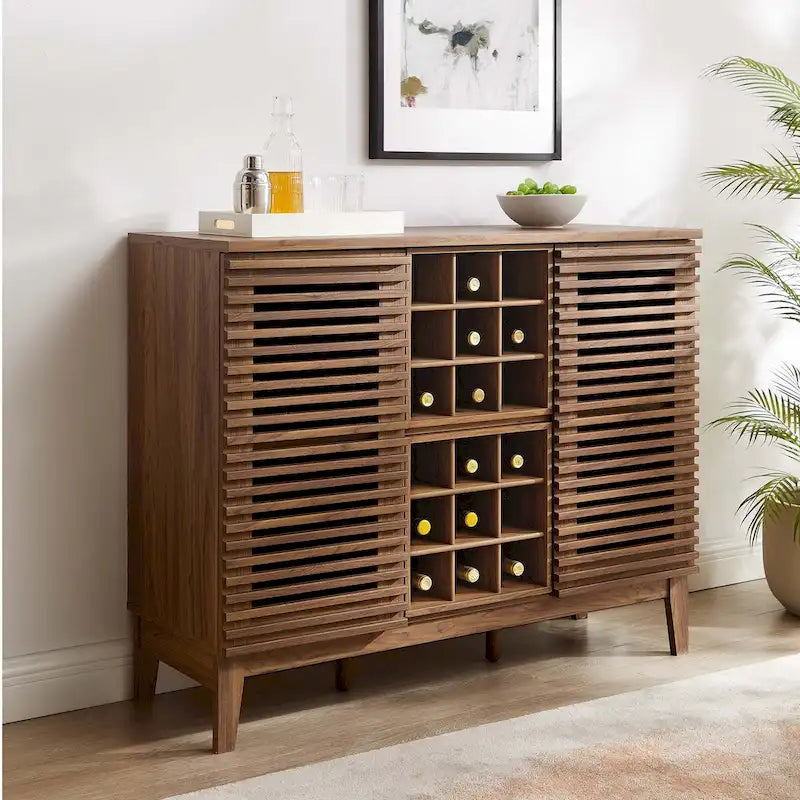 Oak Mid-Century Bar Cabinet with 18-Bottle Wine Rack
