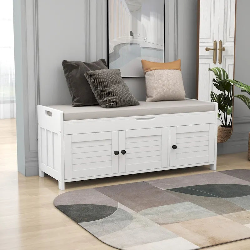 3 Doors Storage Bench with Removable Cushion and Hidden Storage Space-40