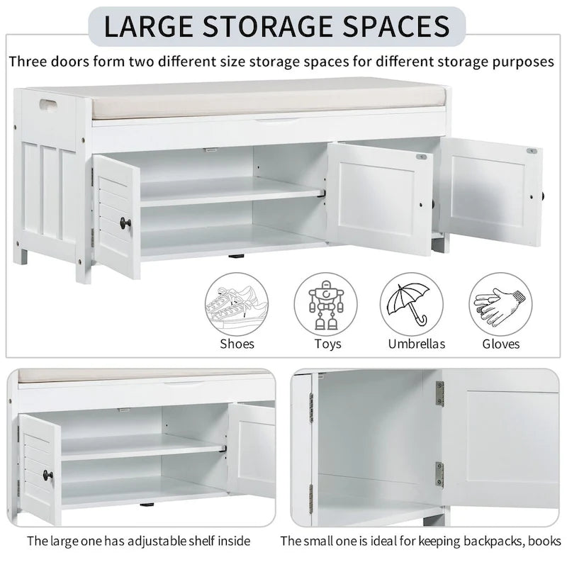 3 Doors Storage Bench with Removable Cushion and Hidden Storage Space-4
