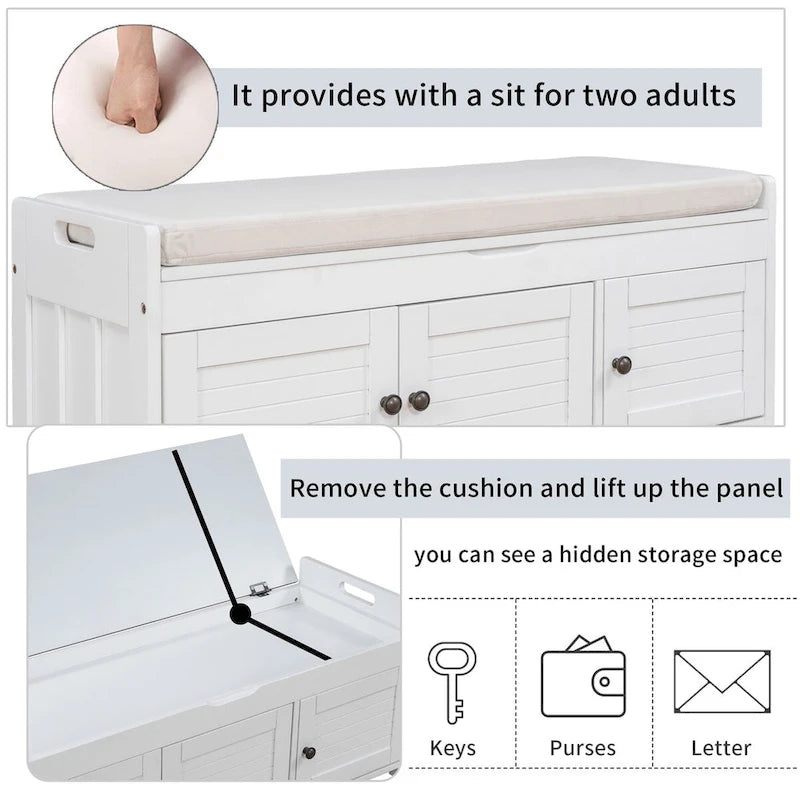 3 Doors Storage Bench with Removable Cushion and Hidden Storage Space-6