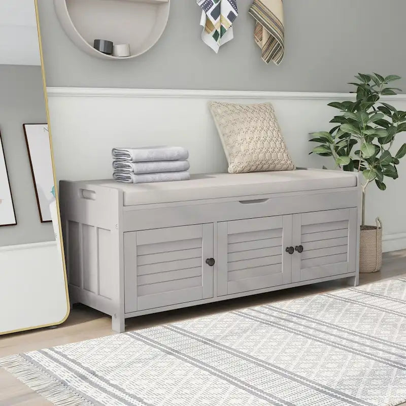 3 Doors Storage Bench with Removable Cushion and Hidden Storage Space-11