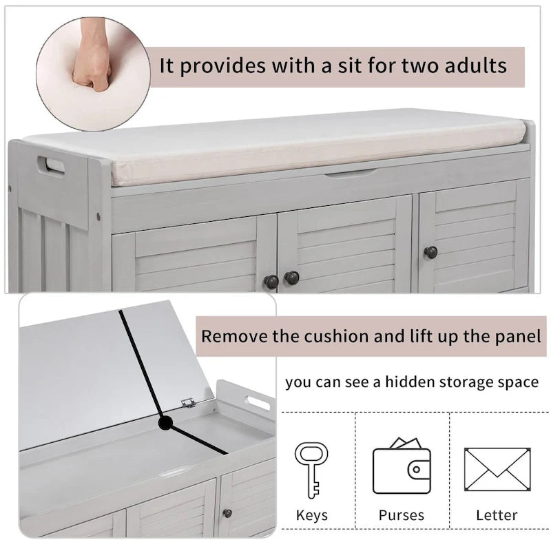 3 Doors Storage Bench with Removable Cushion and Hidden Storage Space-15