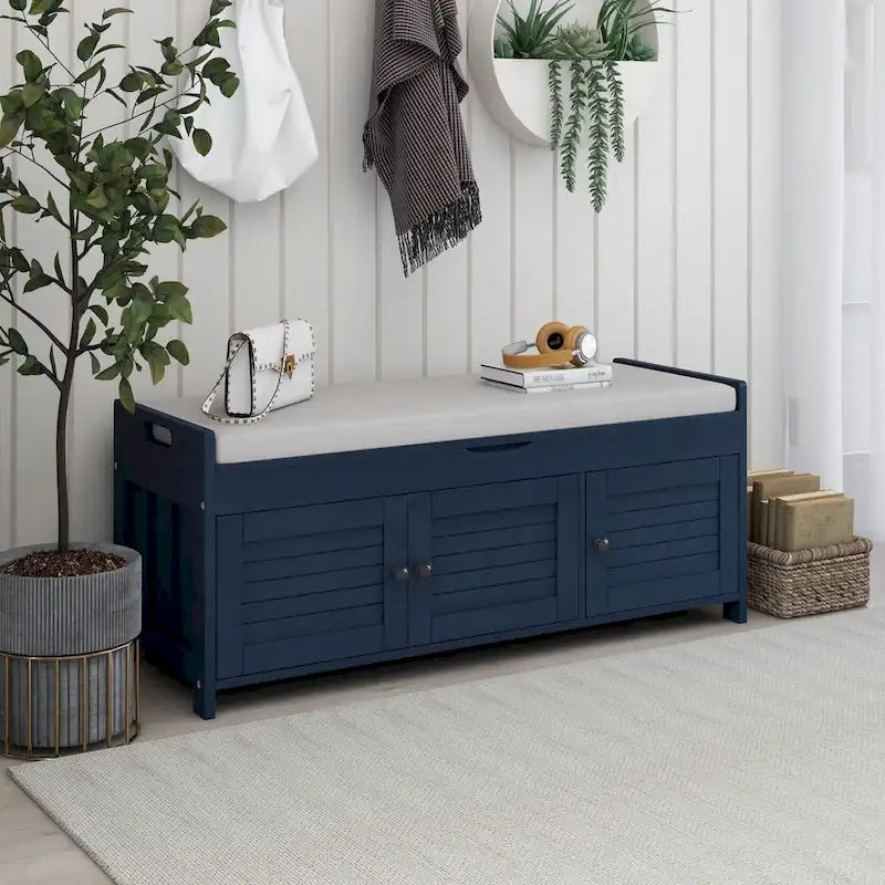 3 Doors Storage Bench with Removable Cushion and Hidden Storage Space-20