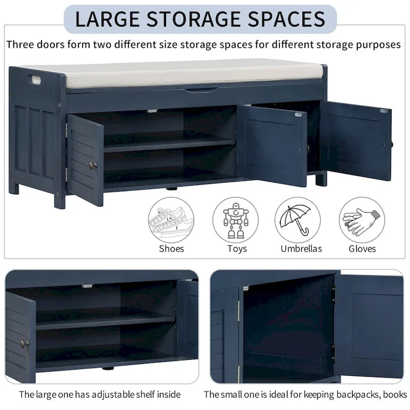 3 Doors Storage Bench with Removable Cushion and Hidden Storage Space-22