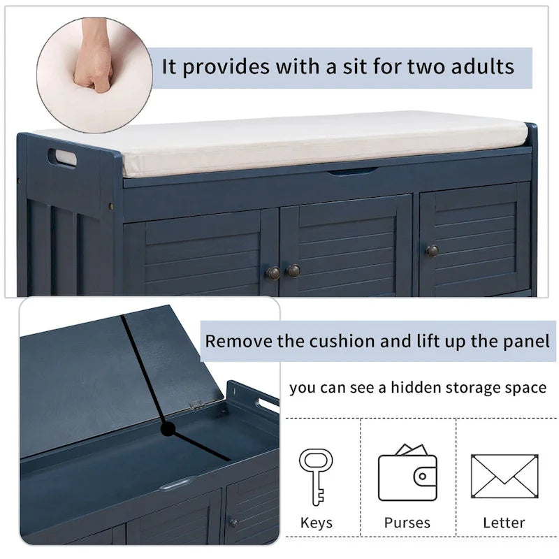 3 Doors Storage Bench with Removable Cushion and Hidden Storage Space-25