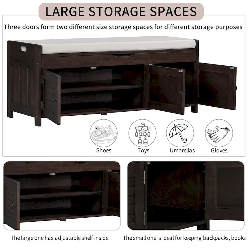 3 Doors Storage Bench with Removable Cushion and Hidden Storage Space-32