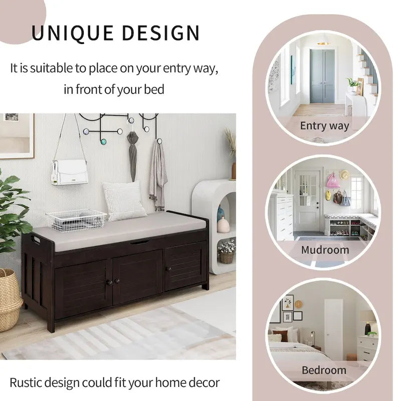 3 Doors Storage Bench with Removable Cushion and Hidden Storage Space-35