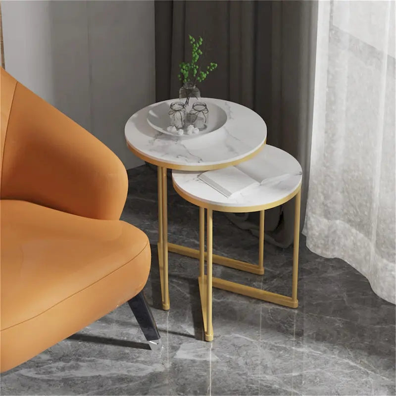 Set of 2 Round Nesting Coffee Side Table Modern Accent End Table-2