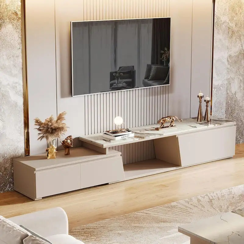 70.9 W - 105 W Extendable TV Stand, Extra Long Modern Entertainment Center with 3 Drawers