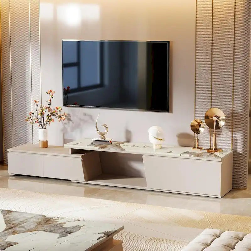 70.9 W - 105 W Extendable TV Stand, Extra Long Modern Entertainment Center with 3 Drawers