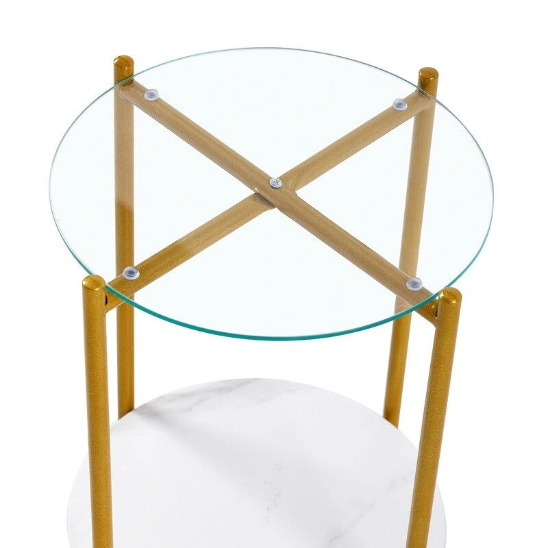 2 Tier Round Side Table with Tempered Glass Modern End Tables-6