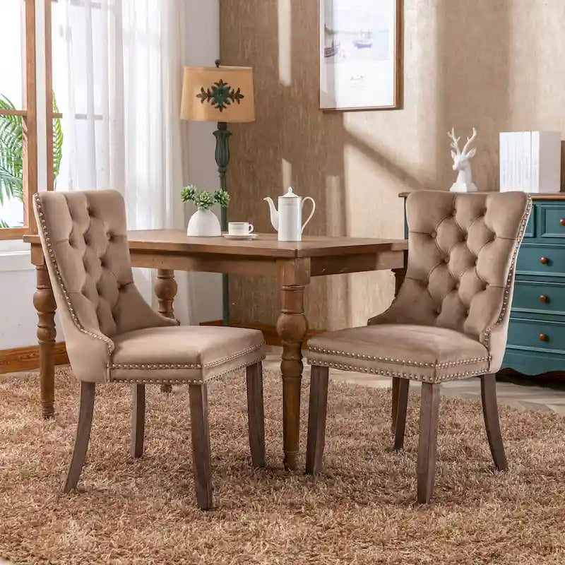 Khaki Velvet Dining Chairs with Nailhead Trim - Set of 2