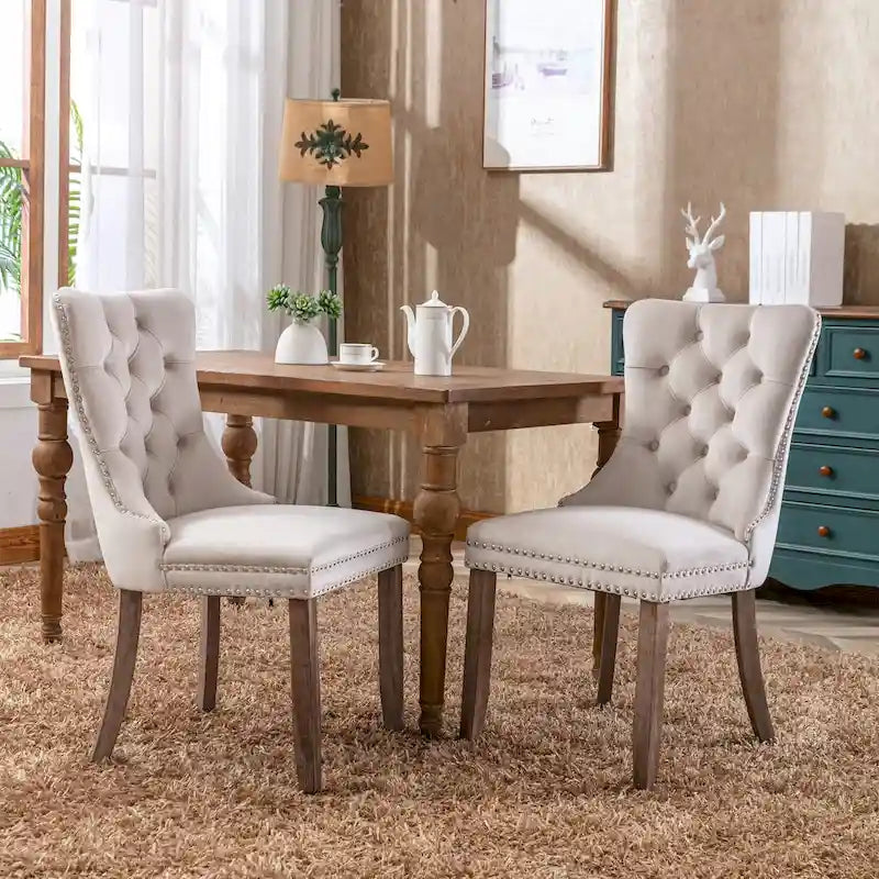 Khaki Velvet Dining Chairs with Nailhead Trim - Set of 2
