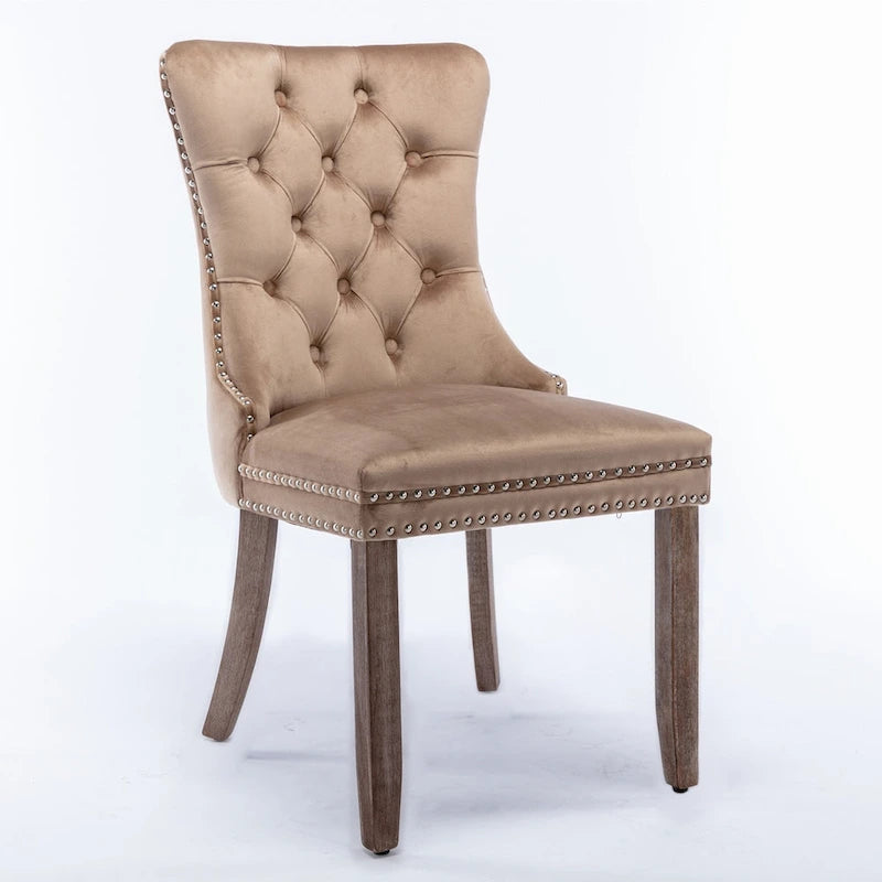 Khaki Velvet Dining Chairs with Nailhead Trim - Set of 2