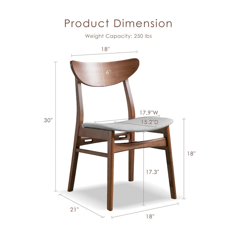 Walnut Mid-Century Dining Chairs with Grey Fabric Cushions (Set of 2)