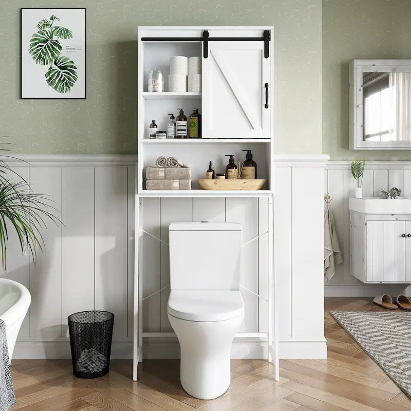 White Over-The-Toilet Storage Cabinet with Sliding Door-24
