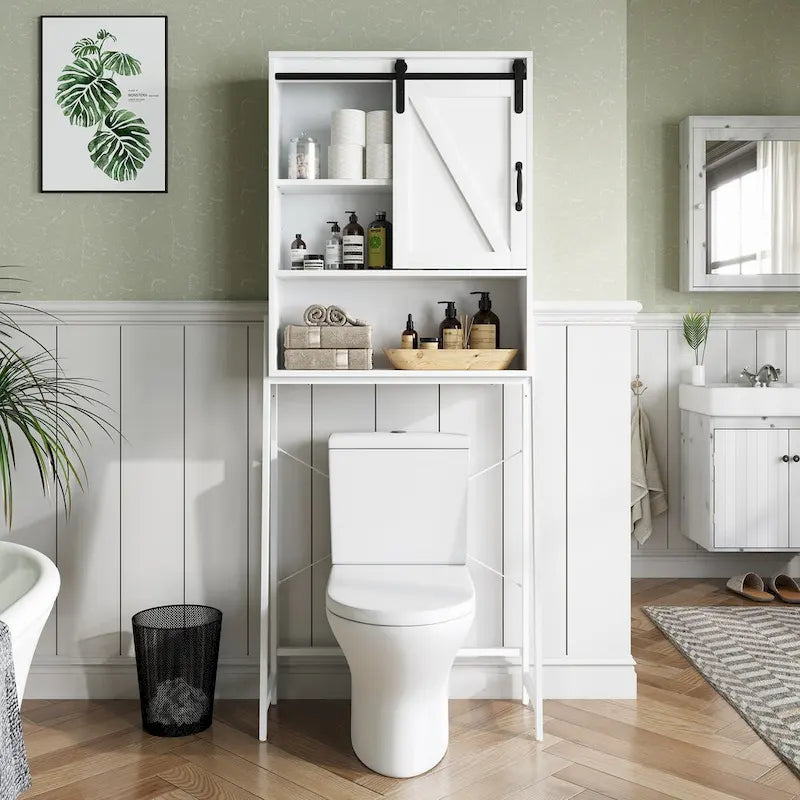 White Over-The-Toilet Storage Cabinet with Sliding Door-12