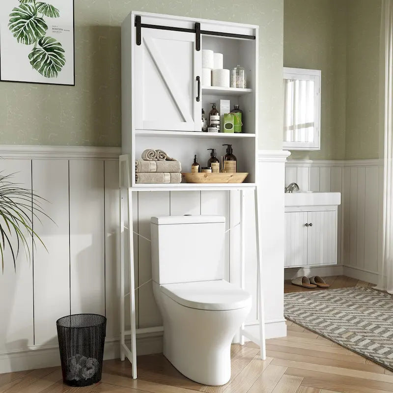 White Over-The-Toilet Storage Cabinet with Sliding Door-22