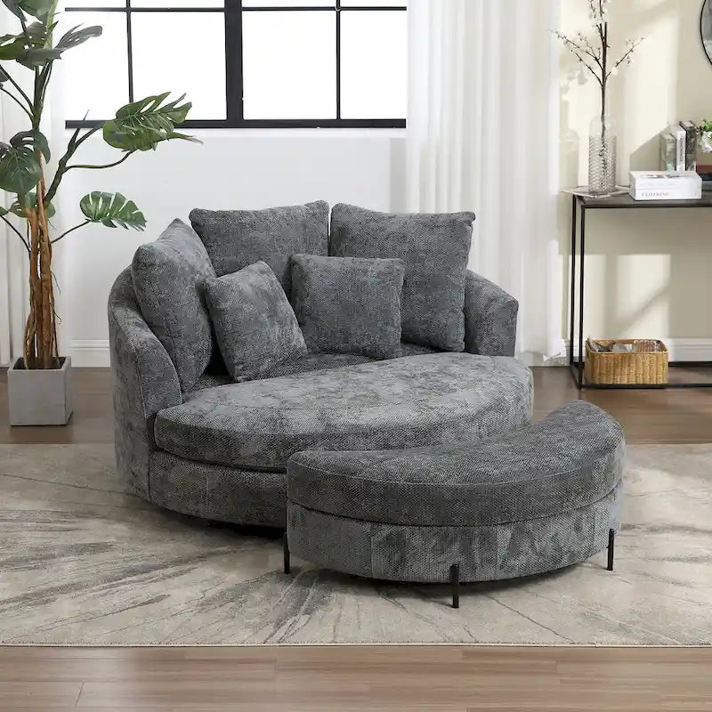 Modern Sofa Chair Round Accent Barrel Chair With 5 Pillows and Optional Ottoman
