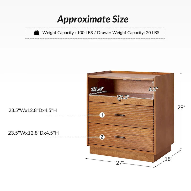 Brown Mid-Century Nightstand with USB and LED Light - Set of 2