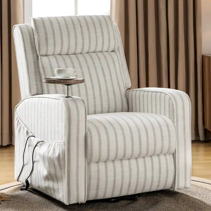 Modern electric reclining massage chair with heating function, charging capability, and solid wood tray.-17