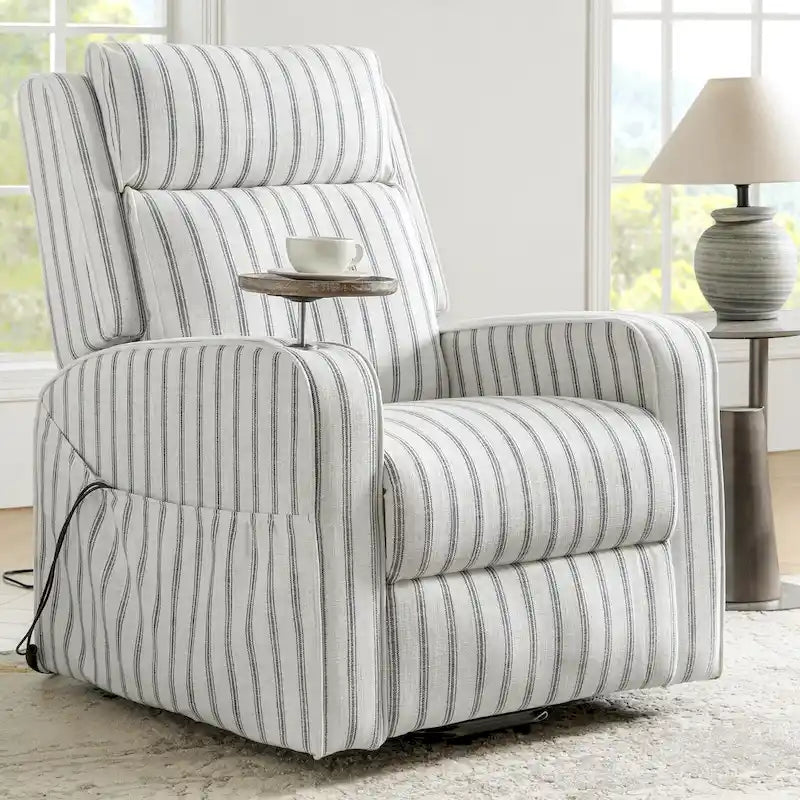 Modern electric reclining massage chair with heating function, charging capability, and solid wood tray.-18