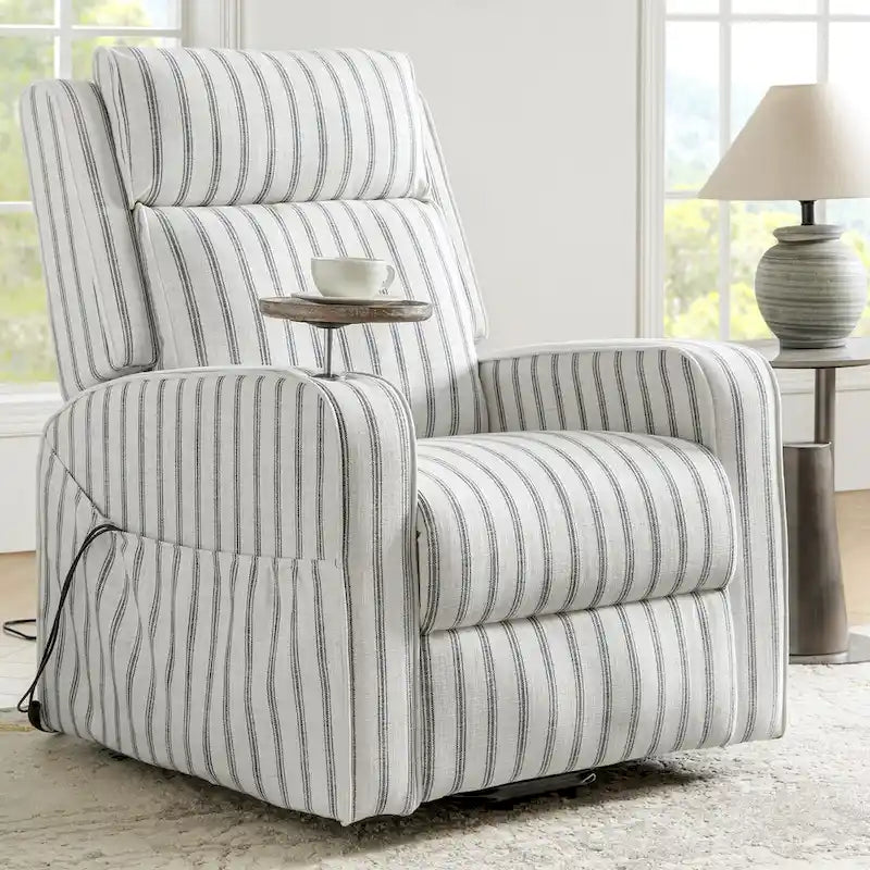 Modern electric reclining massage chair with heating function, charging capability, and solid wood tray.-3