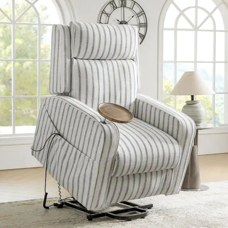 Modern electric reclining massage chair with heating function, charging capability, and solid wood tray.-5