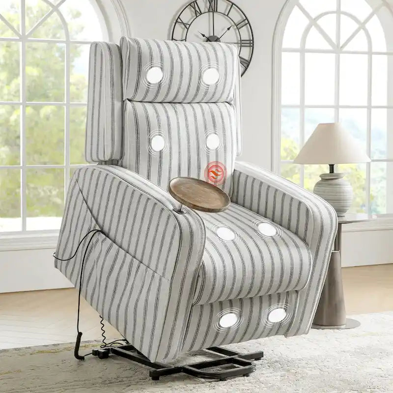 Modern electric reclining massage chair with heating function, charging capability, and solid wood tray.-6