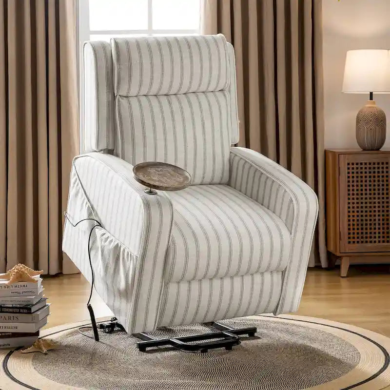 Modern electric reclining massage chair with heating function, charging capability, and solid wood tray.-11