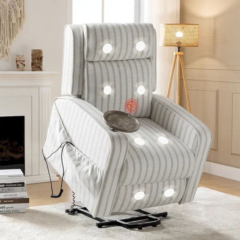 Modern electric reclining massage chair with heating function, charging capability, and solid wood tray.-12