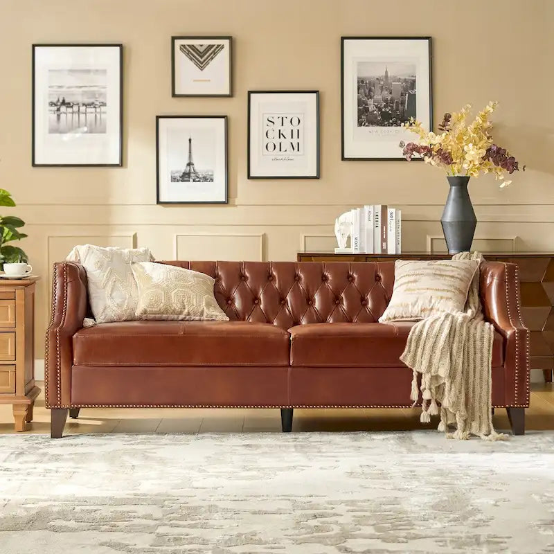 Brown Leather Tufted Chesterfield Sofa - 3 Seater-28