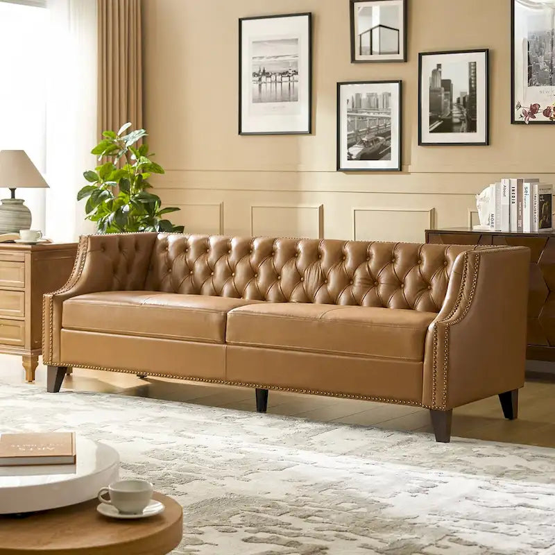 Brown Leather Tufted Chesterfield Sofa - 3 Seater-3