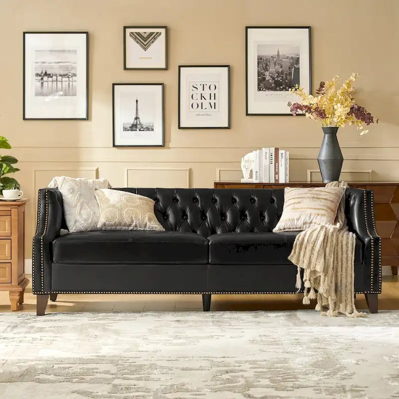 Brown Leather Tufted Chesterfield Sofa - 3 Seater-10