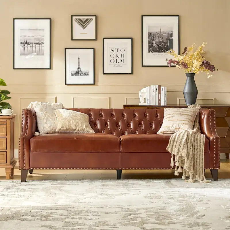 Brown Leather Tufted Chesterfield Sofa - 3 Seater-19